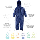 Originals Waterproof Puddle Suit Navy, one-piece waterproof suit in navy with features labelled, including waterproof and breathable.